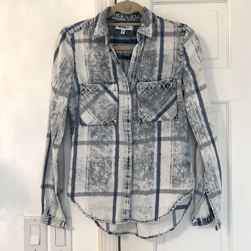 William Rast Washed Blue and White Plaid Button-Down Shirt